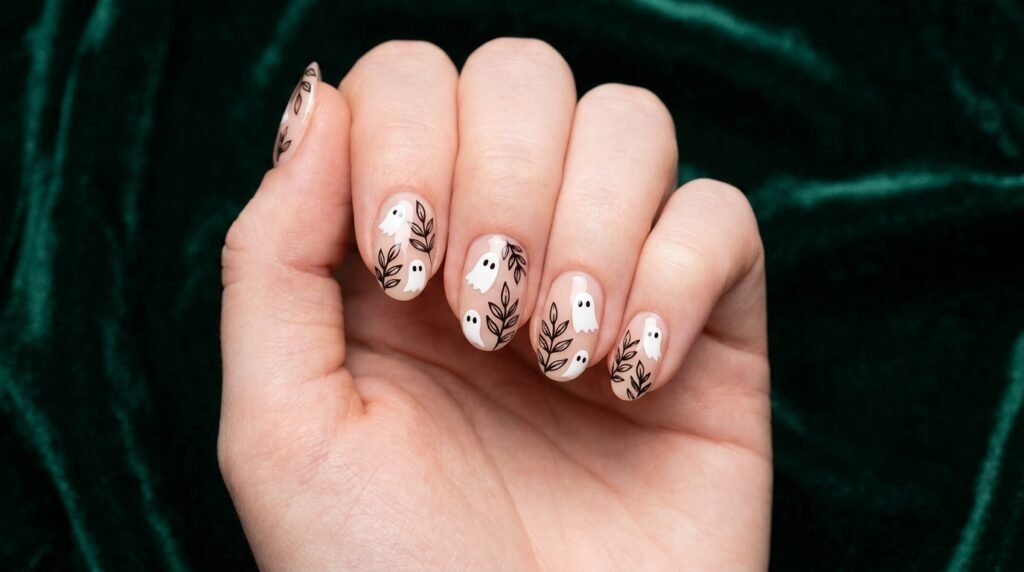 Short oval nails featuring white ghosts and fine black floral line art on smooth white skin.