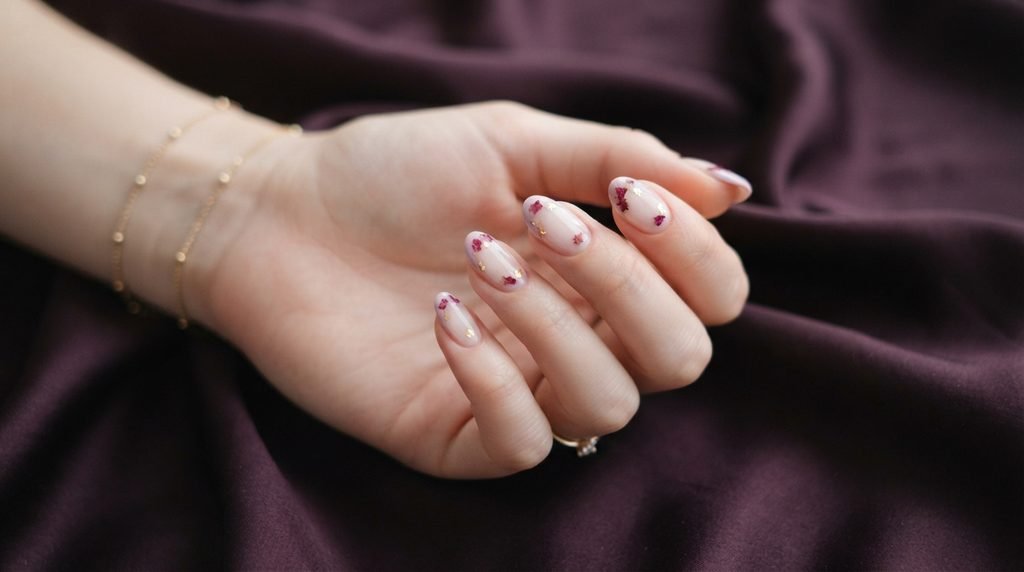Elegant pastel French nails with dried rose petals on a female hand with white skin over plum silk.
