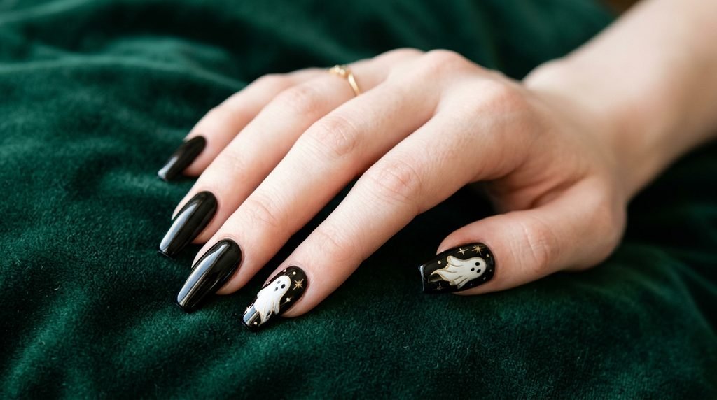 Extremely glossy black nails with tiny white ghost silhouettes on white skin female hand over dark blue silk.