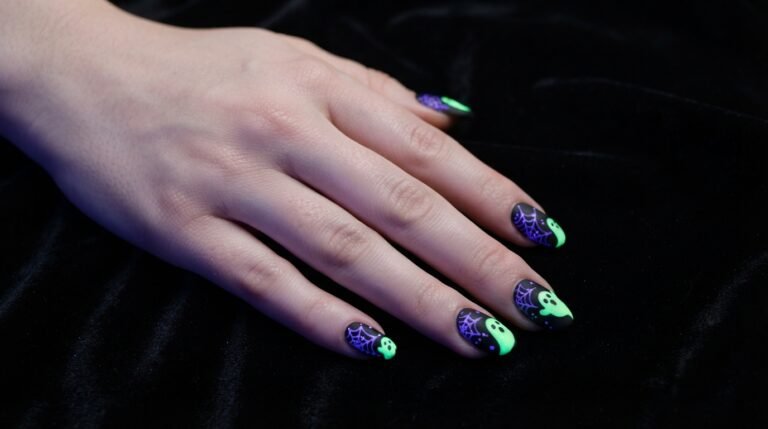 Close-up of almond nails with glowing neon green ghosts and purple webs on a matte black base over a dark velvet backdrop.