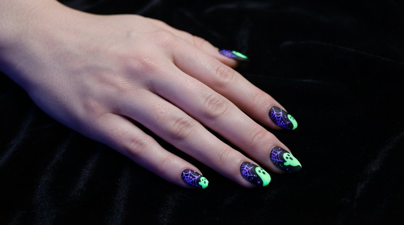 Close-up of almond nails with glowing neon green ghosts and purple webs on a matte black base over a dark velvet backdrop.
