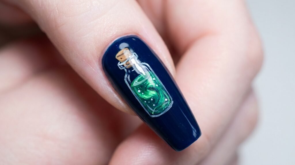 Close-up of a long coffin nail with a bubbling green potion bottle design on an 18-year-old hand with white skin.