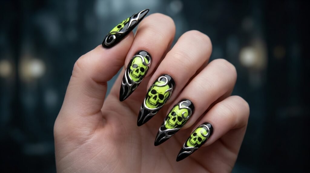 Silver chrome line art around neon yellow skull nails on an 18 year old female hand.