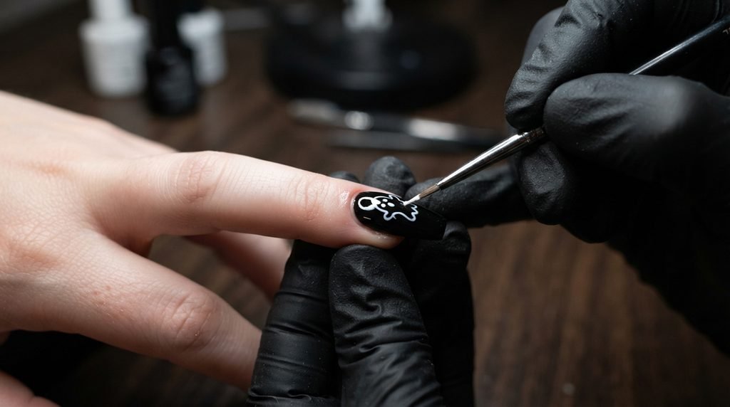 Detail shot of nail brush painting white ghost silhouette onto black coffin nail on white skin hand.