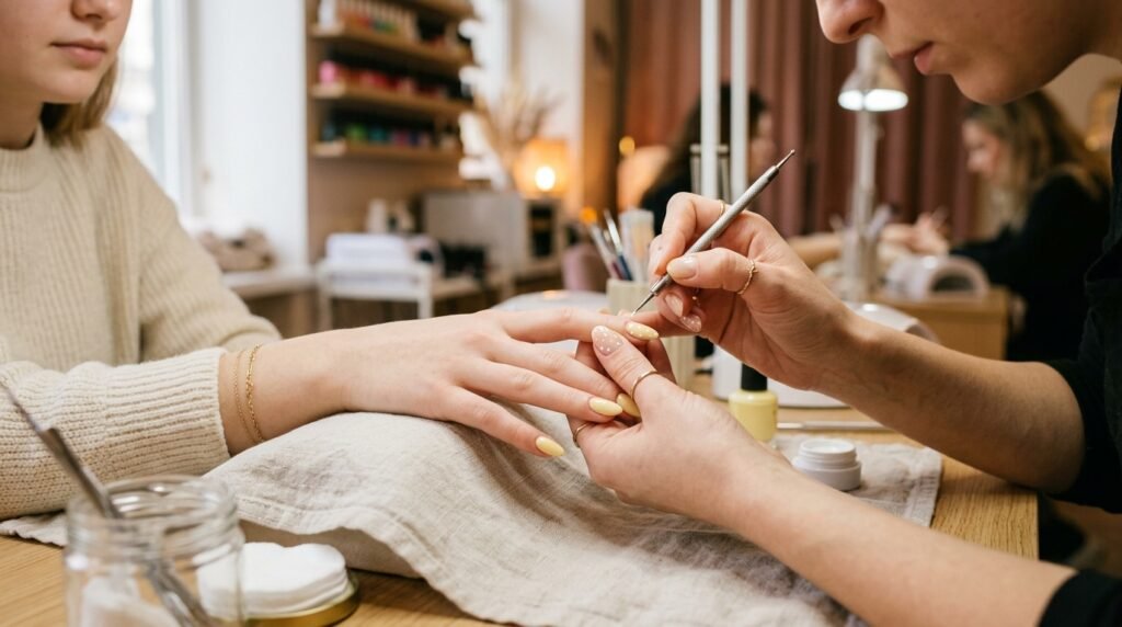 Nail technician using a fine metal dotting tool to paint small white dots onto a yellow almond nail.