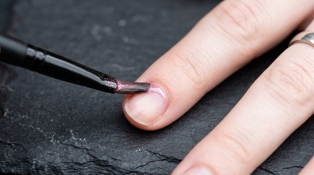 Nail brush applying gel polish carefully near the cuticle fold on a female hand with very white skin.
