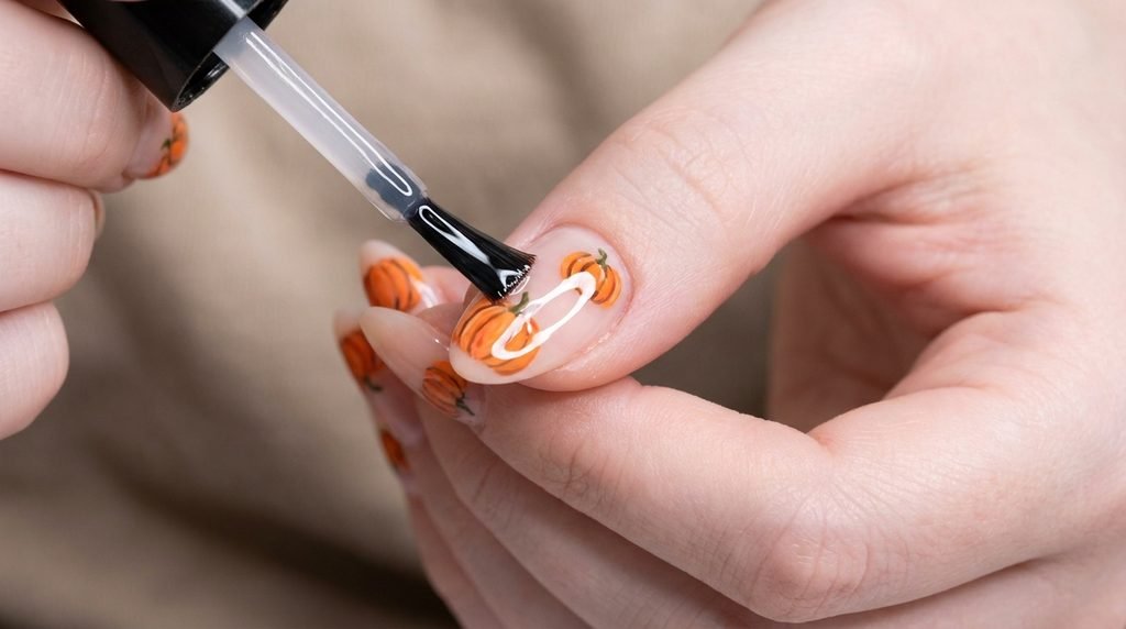 Nail brush applying a glossy clear top coat over pumpkin nail art on an 18-year-old female hand with very white skin.