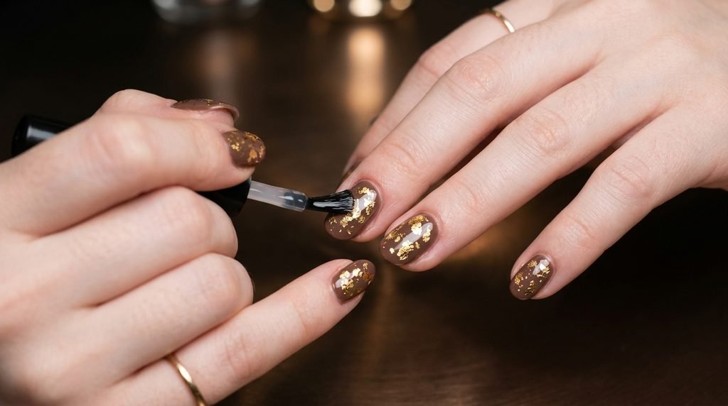 Clear top coat brush sealing gold leaf foil on a mocha nail on fair skin.