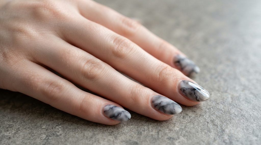 Side-by-side comparison of matte and glossy smoky black marble nails on an 18-year-old female hand.