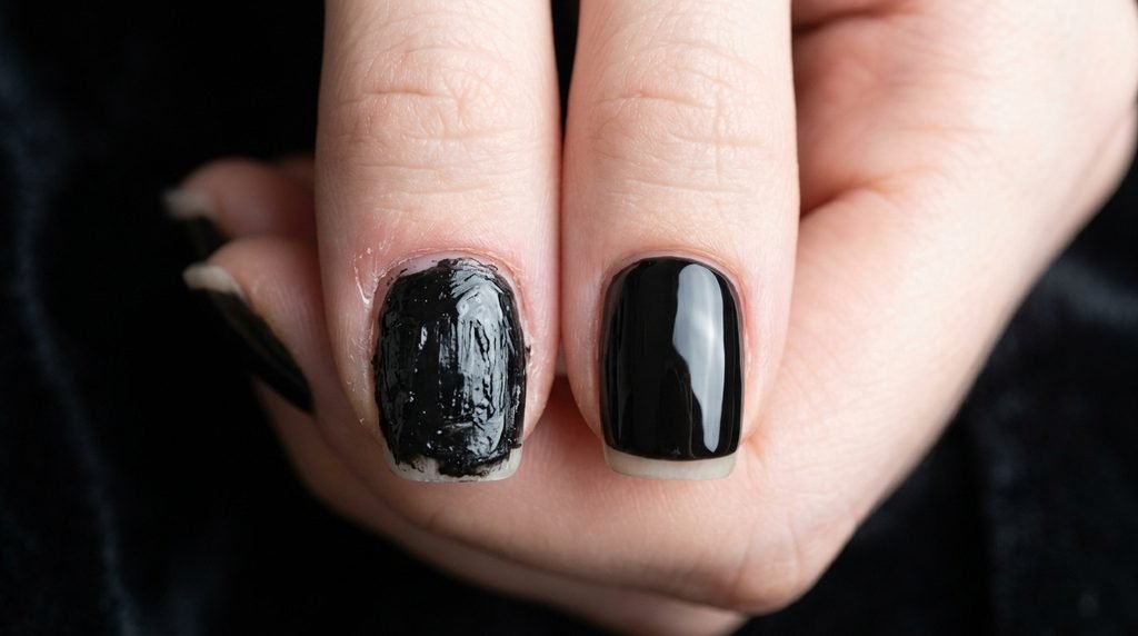 Visual comparison showing a streaky gel layer versus a smooth thin coat on a hand with very white skin.