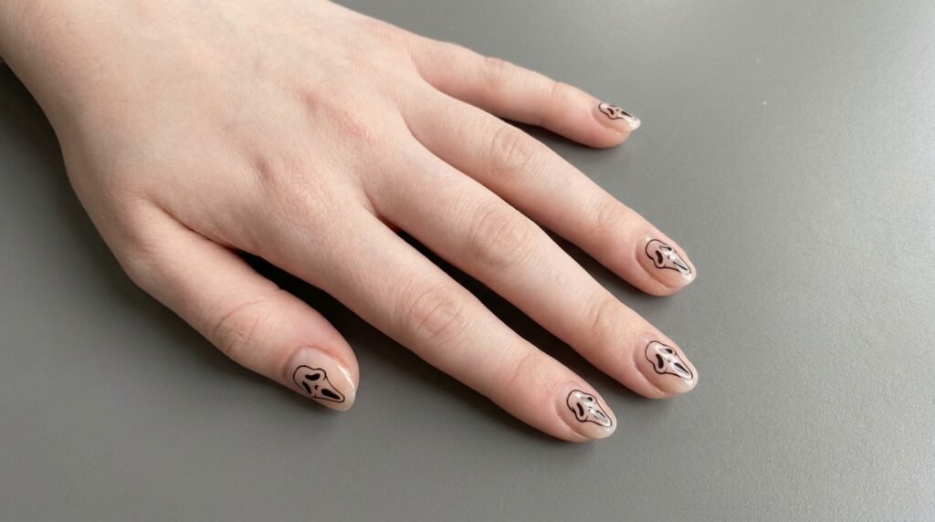 Sheer nude short nails with black negative space ghost mask outlines on an eighteen year old hand.