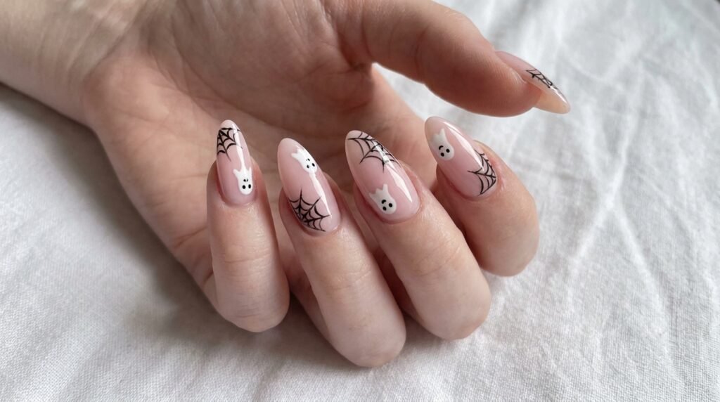 Cute ghost nail art and fine black spiderwebs on light pink nails with very white female hand.