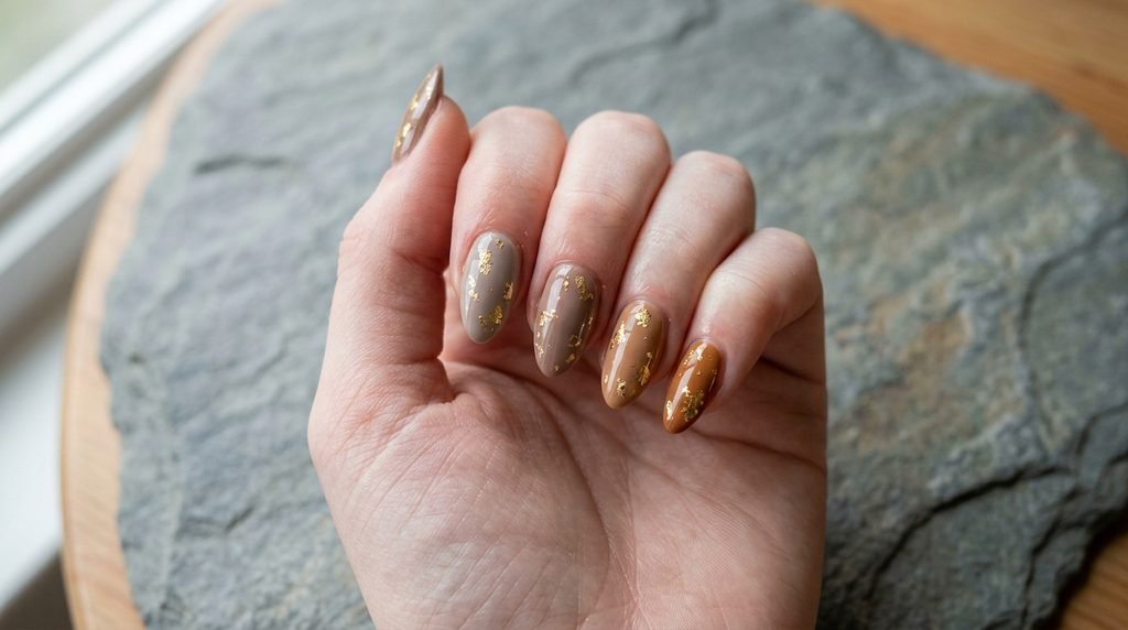 Swatches of mocha nude polishes with gold foil tested against very white skin tone.