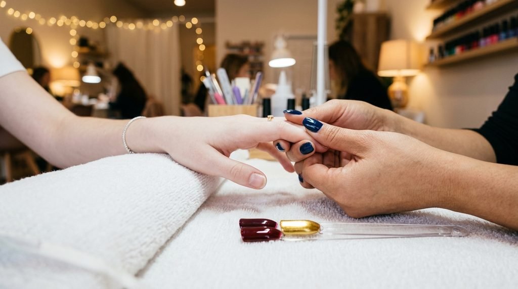 A photorealistic shot of an 18-year-old hand resting on a clean towel at a salon. A nail technician's hand holds her fingers over color swatches. Blurred salon background.