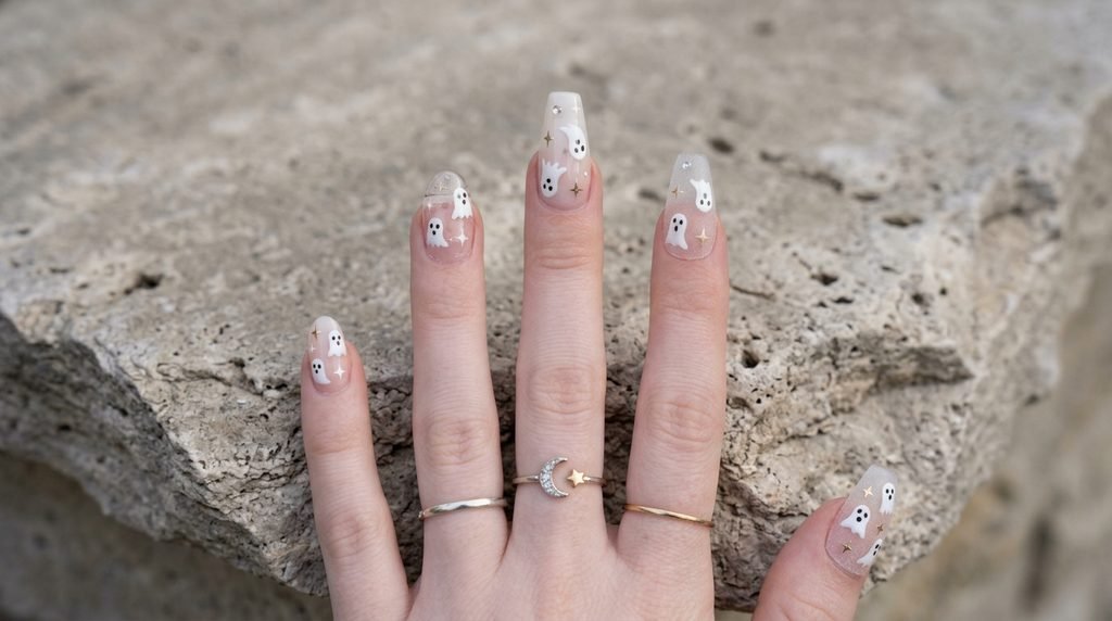 Side-by-side view of gel, acrylic, and press-on ghost nails held by a hand with very white skin.