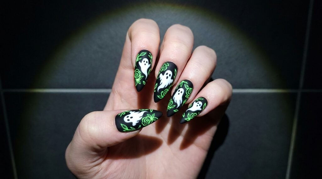 Long stiletto matte black nails with stark white ghost and neon green floral line art on white skin.