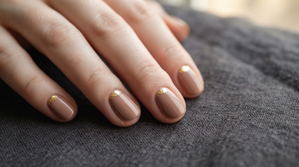 Mocha nude nails with tiny gold leaf crescent moon accents near cuticles on fair skin.