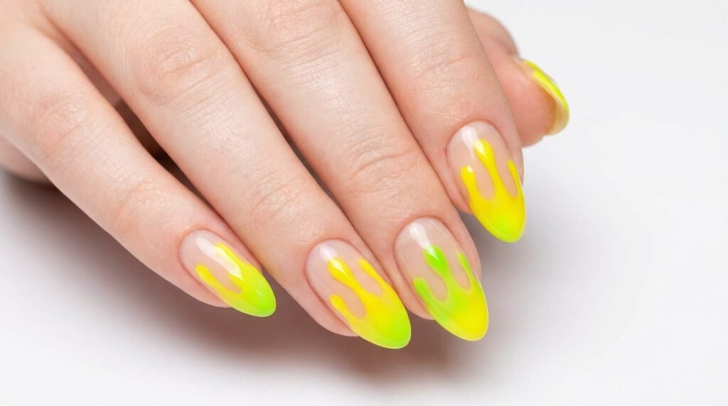 Medium almond nails with neon green dripping slime art on a soft white female hand.