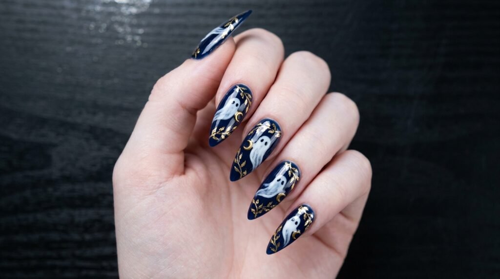 Navy blue stiletto nails with white ghosts holding gold moons and leaf vines on white skin.