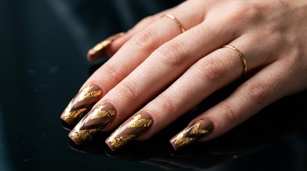 Coffin shaped mocha nails featuring geometric chevron gold leaf designs on very white skin.