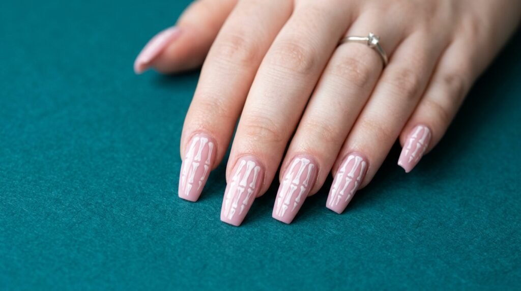 Pastel pink coffin nails with white skeleton hand line art on an 18-year-old female hand with very white skin.