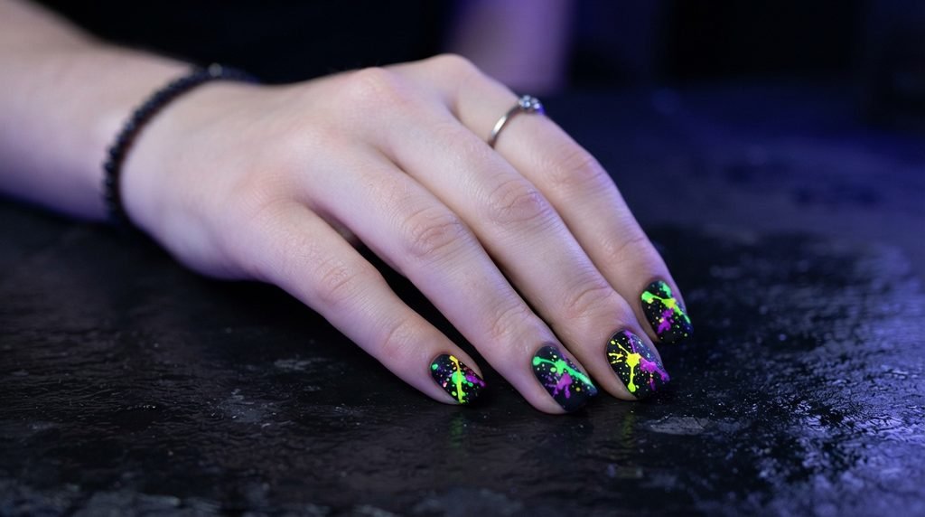 Short square matte black nails with glowing neon green, yellow, and purple paint splatters on dark slate.