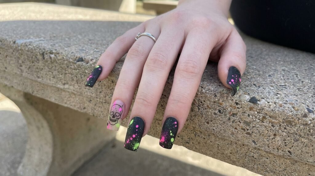 Long square nails with neon splatter graffiti and skull outlines on an 18 year old female hand.