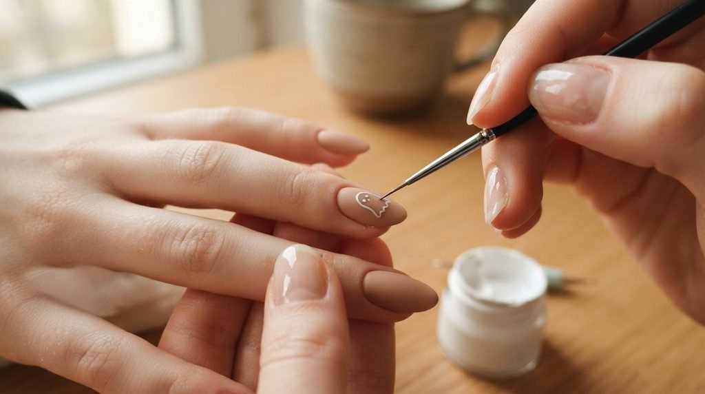 A tight macro photograph focusing on a single matte-tan nail as a thin detailing brush paints a small, minimalist white ghost outline. Warm, minimalist background.