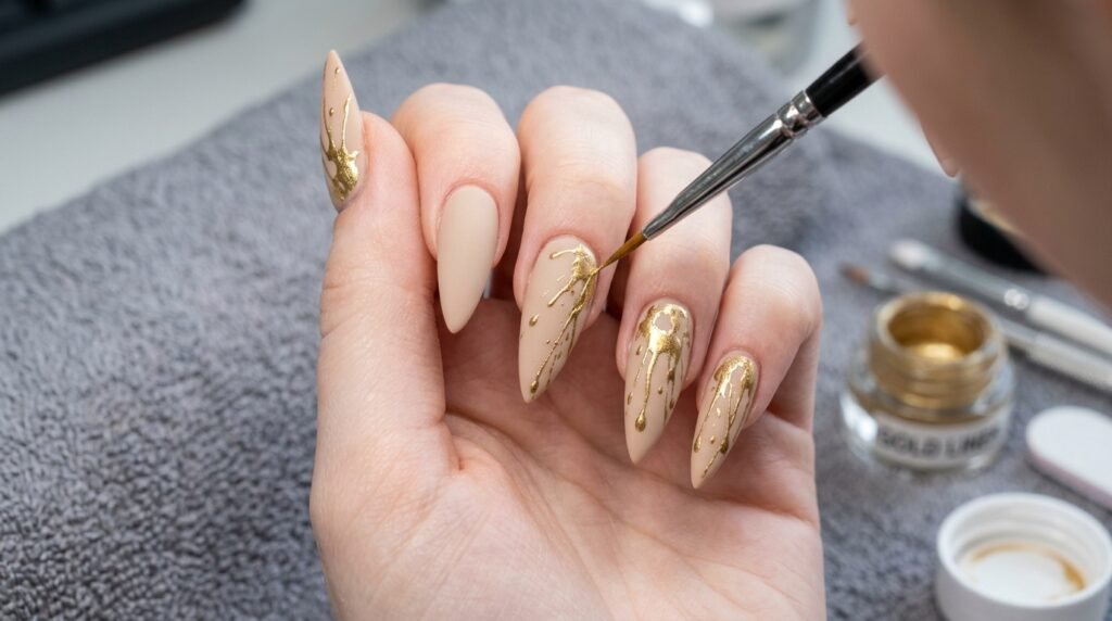 An 18-year-old female hand with very white skin having gold splatter painted onto a matte nude stiletto nail with a fine brush.