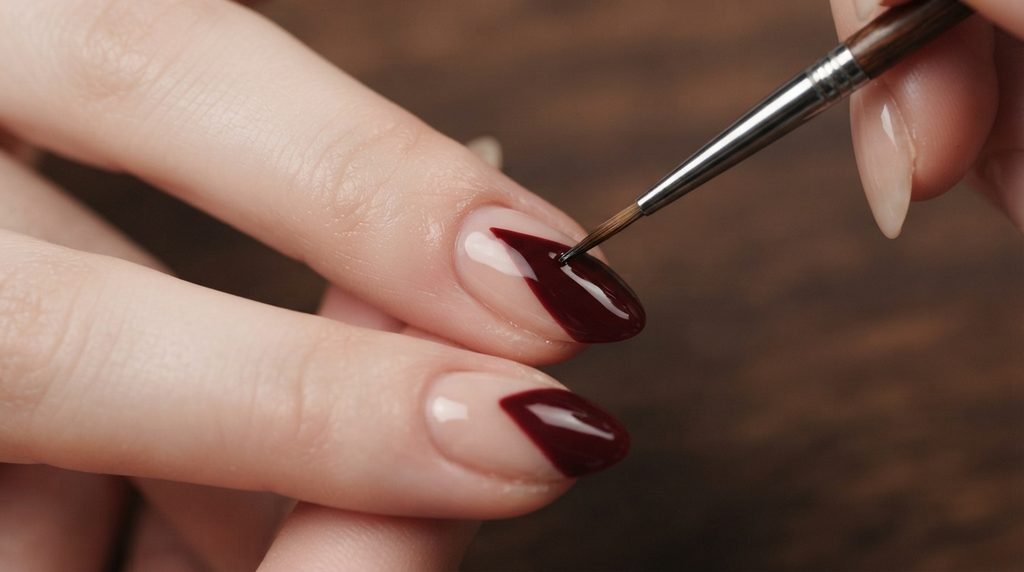 A close-up photograph of an almond nail receiving a pointed oxblood cathedral arch tip with a thin brush on an 18-year-old female hand.