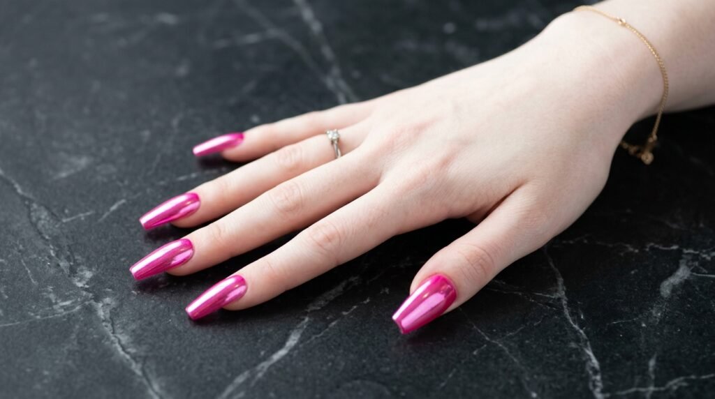 An 18-year-old female hand with very white skin showing off long Barbie pink chrome coffin nails on a dark marble surface.