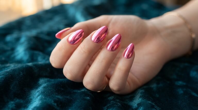 Close-up photograph of an 18-year-old female hand with smooth, very white skin, featuring medium-length almond nails with a high-shine hot pink chrome finish, posed against a luxurious deep teal velvet background.