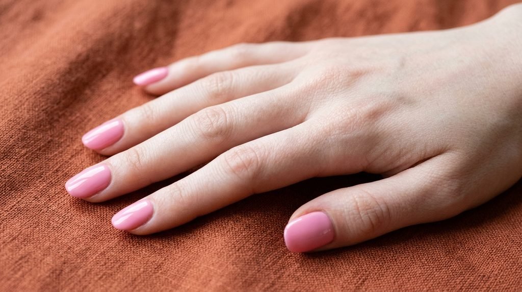Close-up photograph of an 18-year-old female hand with smooth, very white skin, featuring medium-length round nails with a flawless, high-gloss bubblegum pink cream polish finish, posed against a soft terracotta linen background.