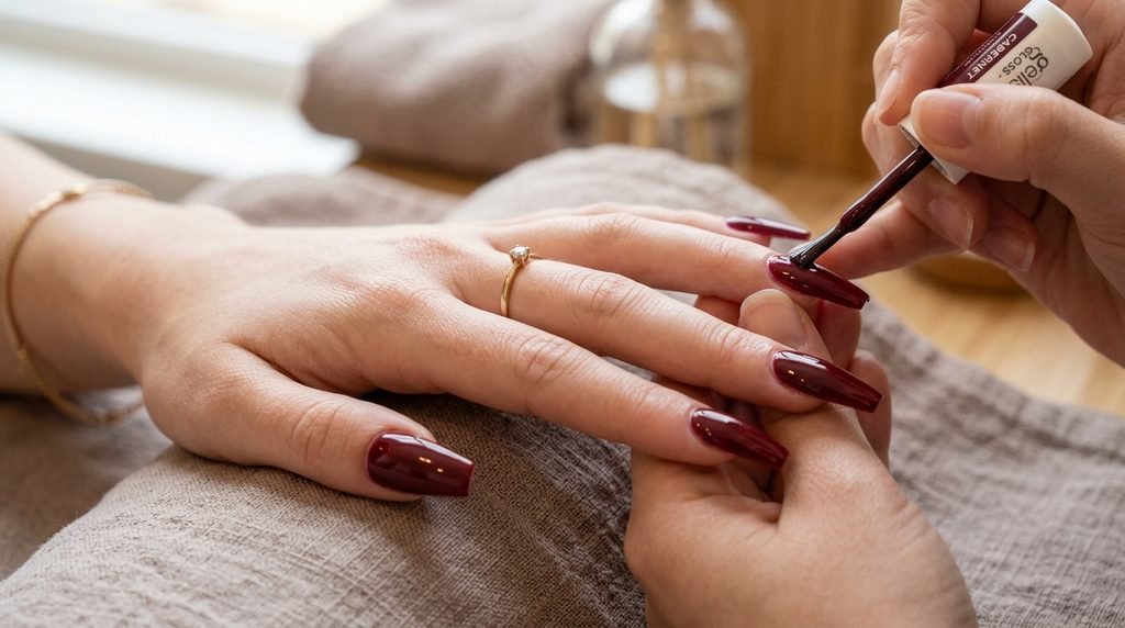 Coffin nails on an 18-year-old white female hand being painted with deep red gel polish against taupe linen.