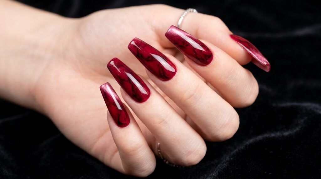 Long coffin nails featuring a red and black marble design with subtle pink highlights on a fair-skinned hand.