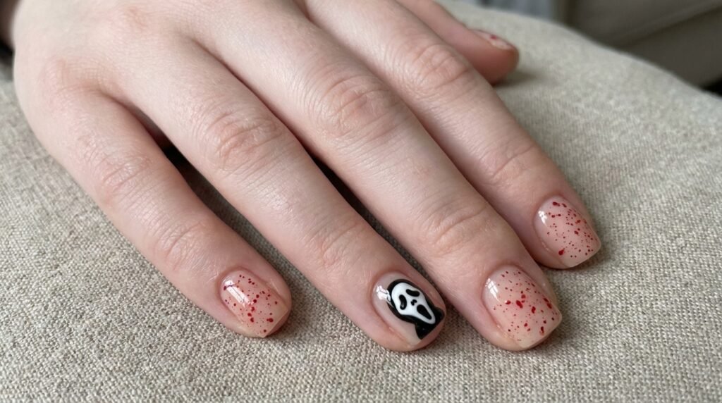 Short square nails featuring red blood splatter art and a ghost mask design on fair skin.