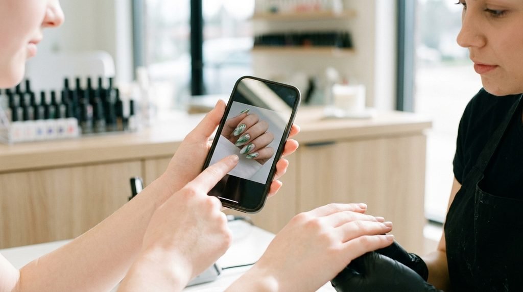 Hand holding a smartphone displaying jade marble nail art photos.