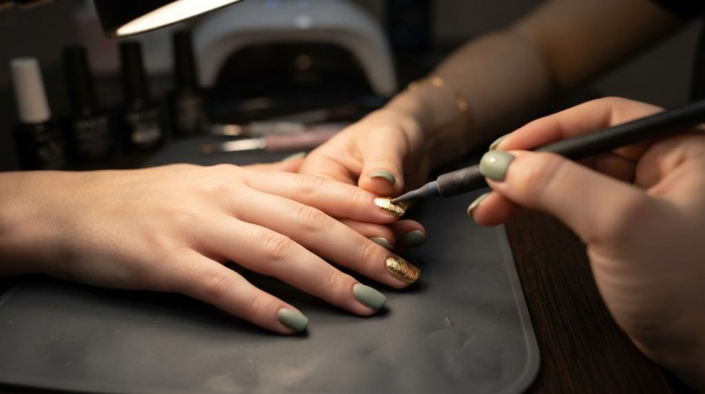 Silicone tool smoothing gold foil on a mocha gel nail on white skin.