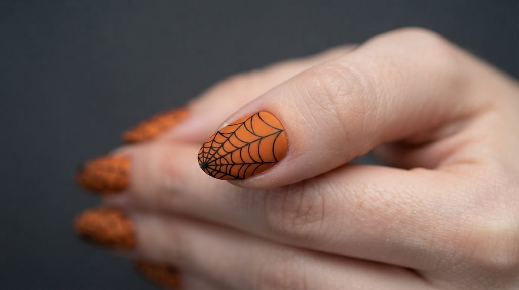 Extreme close-up of an 18-year-old female hand with white skin featuring an index nail with fine black spiderweb line art.