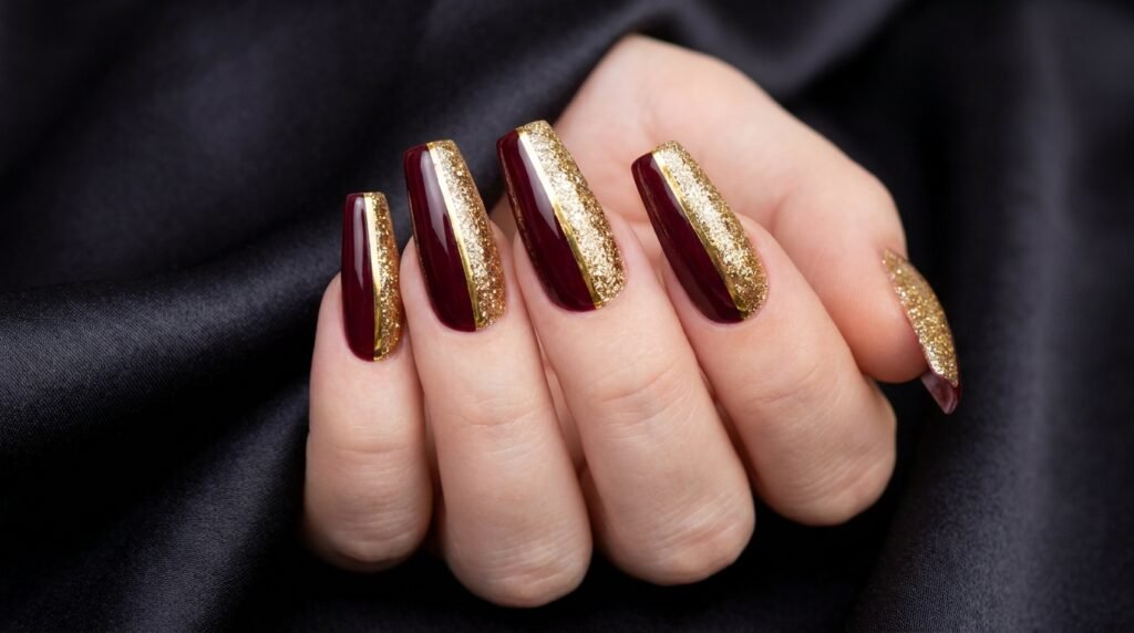Long coffin nails featuring a half-burgundy and half-gold glitter vertical split design.
