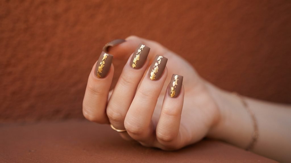 Square matte mocha nails with shattered gold foil flakes down the center on fair skin.