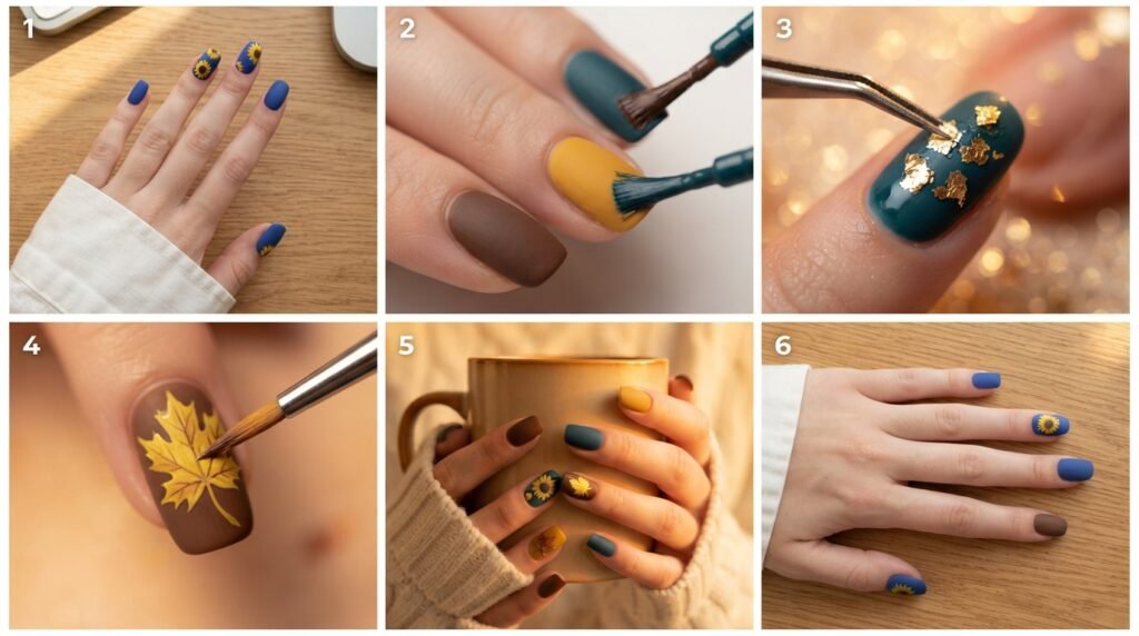 Maple Leaf Nail Art: Mismatched Fall Colors & Gold Foil