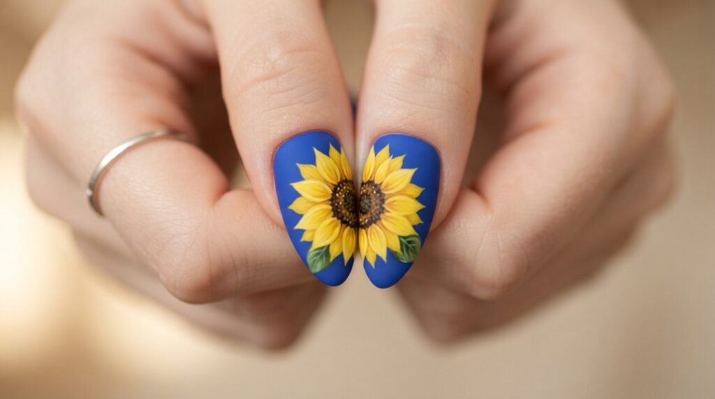 Long almond nails showing an oversized yellow sunflower design spanning across two matte cobalt blue nails.