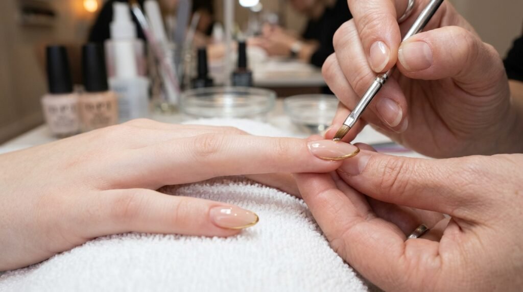 Macro shot of nail technician's hand using a clean-up brush with acetone to refine a gold outline rim on a sheer nude almond nail on very white skin.