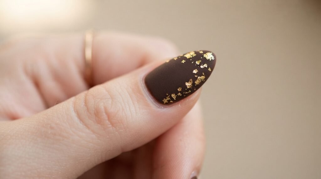 Full hand with 5 fingers on light skin highlighting gold foil on a matte brown thumb nail.