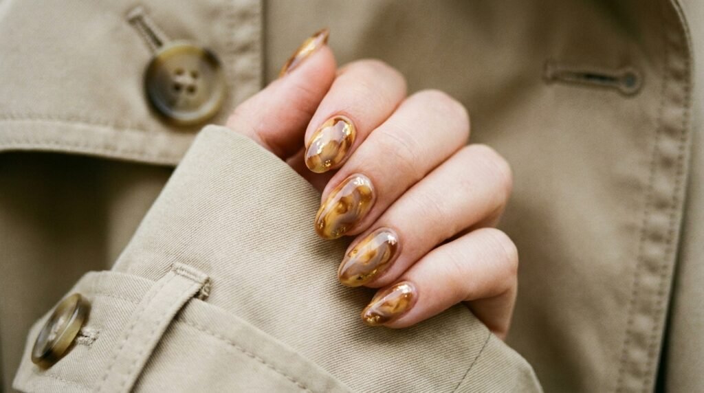 Oval nails with light honey and caramel tortoiseshell nail art against a beige fabric.