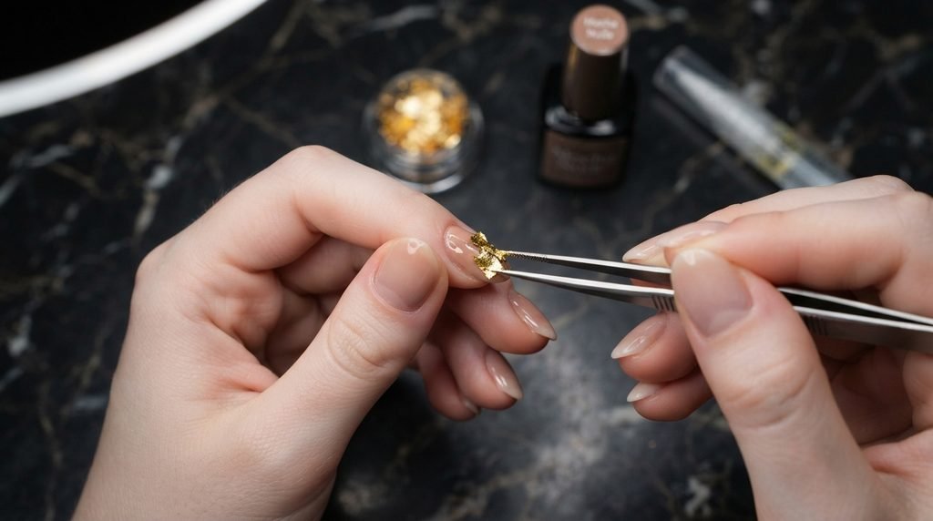 Tweezers placing gold leaf foil onto a mocha nude gel nail on white skin.