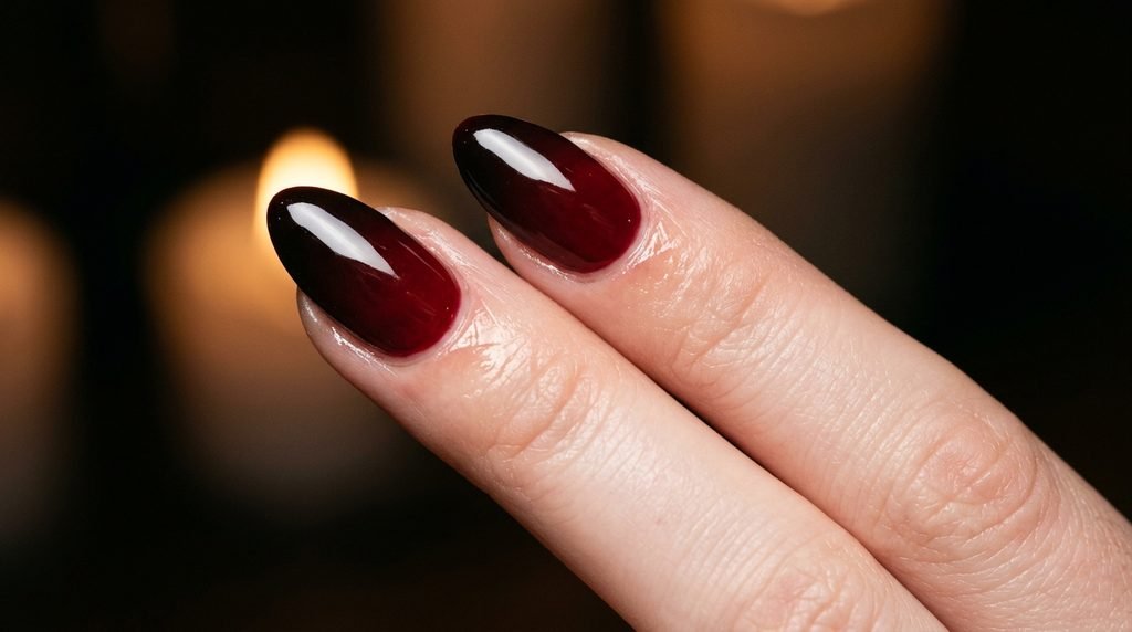 A macro close-up of two almond nails with a flawless black cherry to oxblood ombre transition and high gloss shine