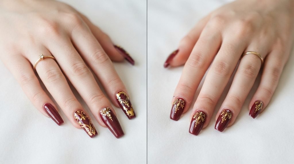 A photorealistic close-up of two female hands with very white skin side-by-side. The left hand has high-end custom salon nails; the right hand wears a perfectly fitted press-on version of the same design. Neutral background.