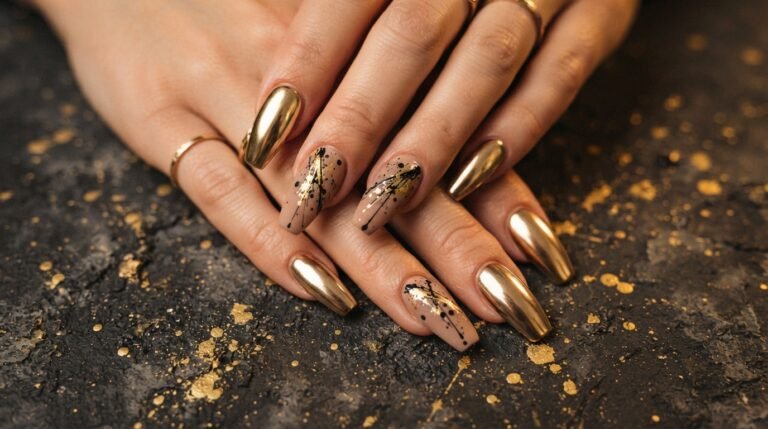 An 18-year-old female hand with very white skin showing long coffin nails in matte nude with gold chrome splatter and glossy gold chrome accents.